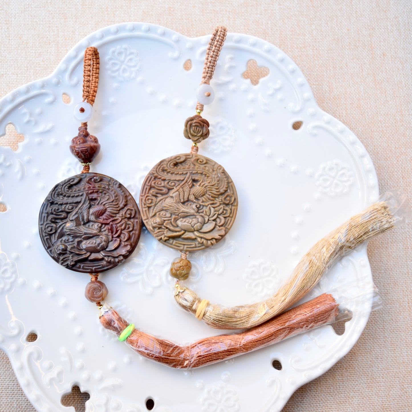 Phoenix Peony Ornament - Bag Charm Keychain Tassel - Polychrome Jasper