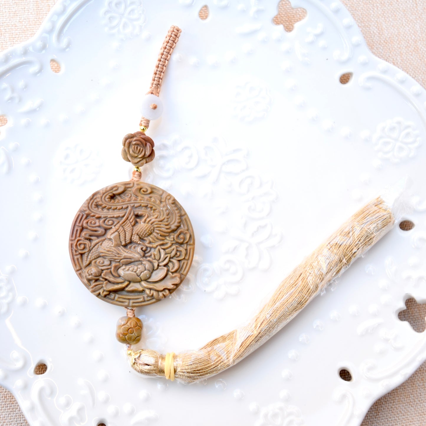 Phoenix Peony Ornament - Bag Charm Keychain Tassel - Polychrome Jasper