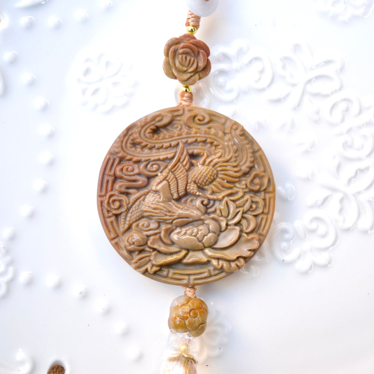 Phoenix Peony Ornament - Bag Charm Keychain Tassel - Polychrome Jasper