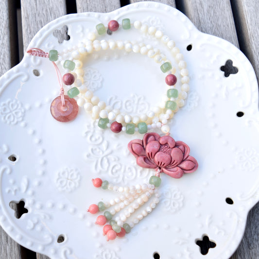 Pink Lotus Pendant Shell Necklace - Pink Marble Stone (Wood Like) 紅木紋石