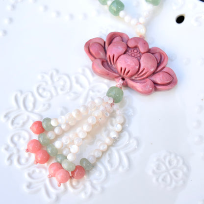 Pink Lotus Pendant Shell Necklace - Pink Marble Stone (Wood Like) 紅木紋石