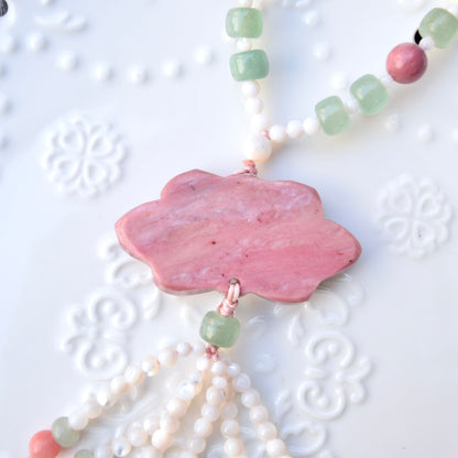 Pink Lotus Pendant Shell Necklace - Pink Marble Stone (Wood Like) 紅木紋石