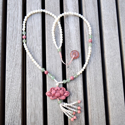 Pink Lotus Pendant Shell Necklace - Pink Marble Stone (Wood Like) 紅木紋石