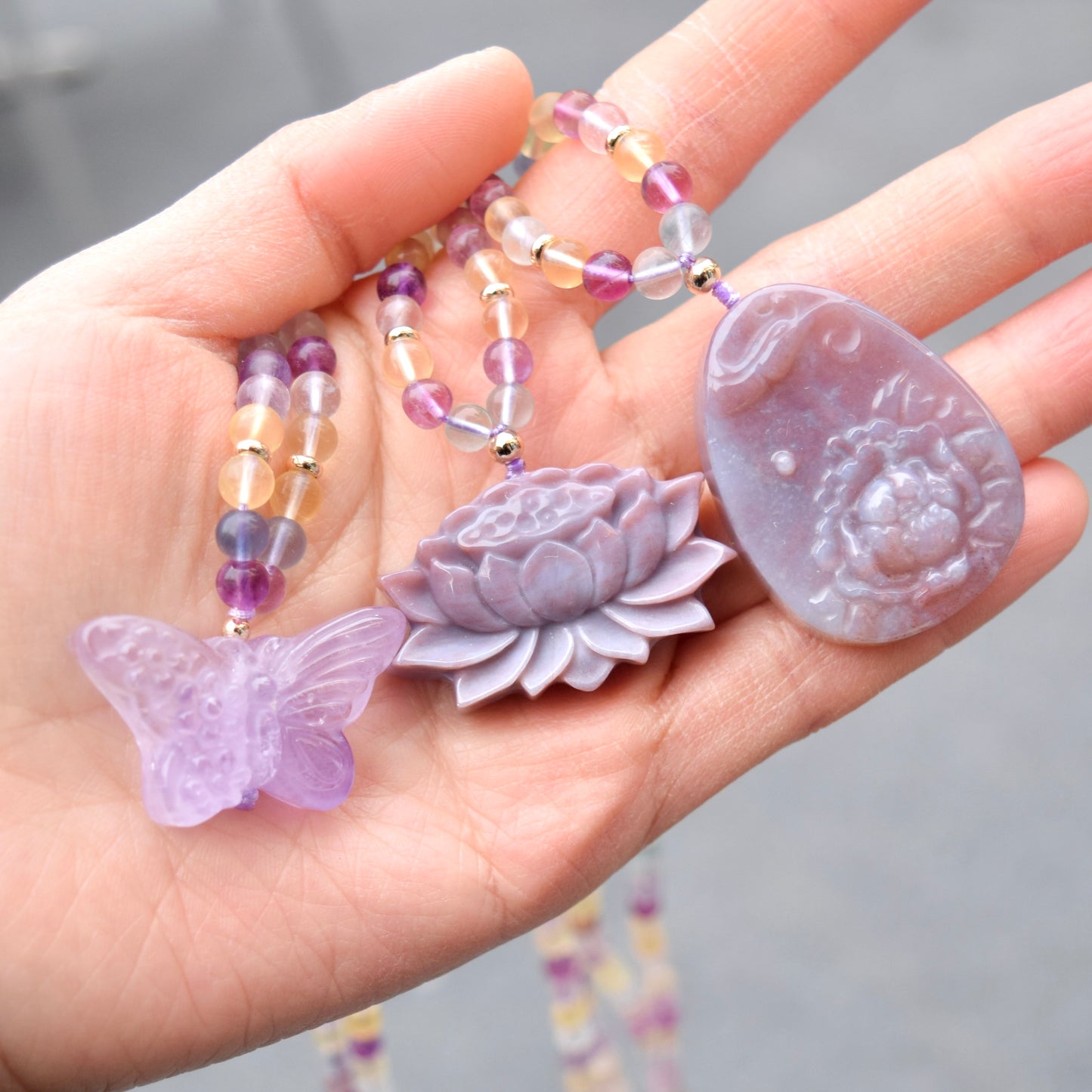 Purple Butterfly Lotus Peony Pendant Necklace - Fluorite Beaded Necklace
