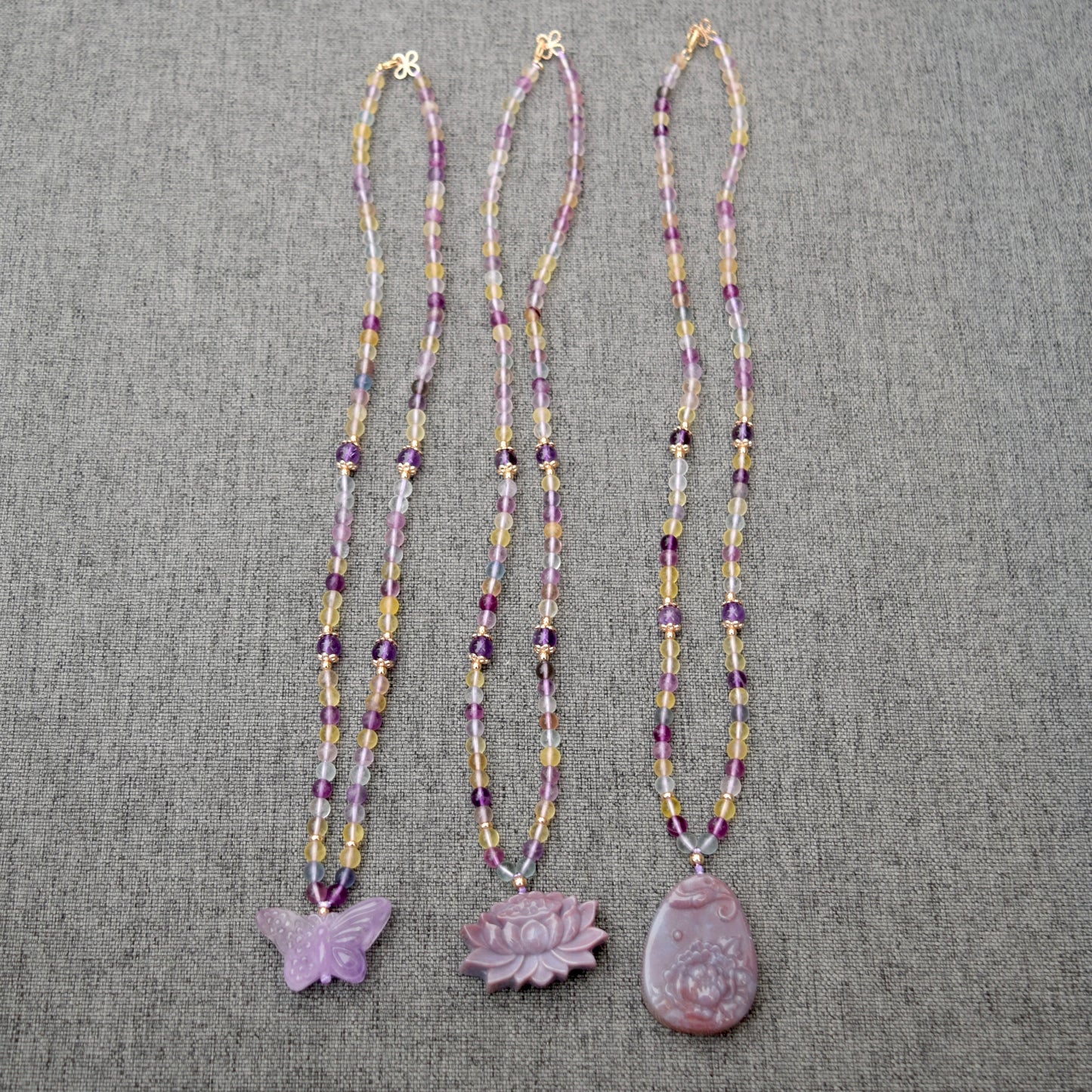 Purple Butterfly Lotus Peony Pendant Necklace - Fluorite Beaded Necklace
