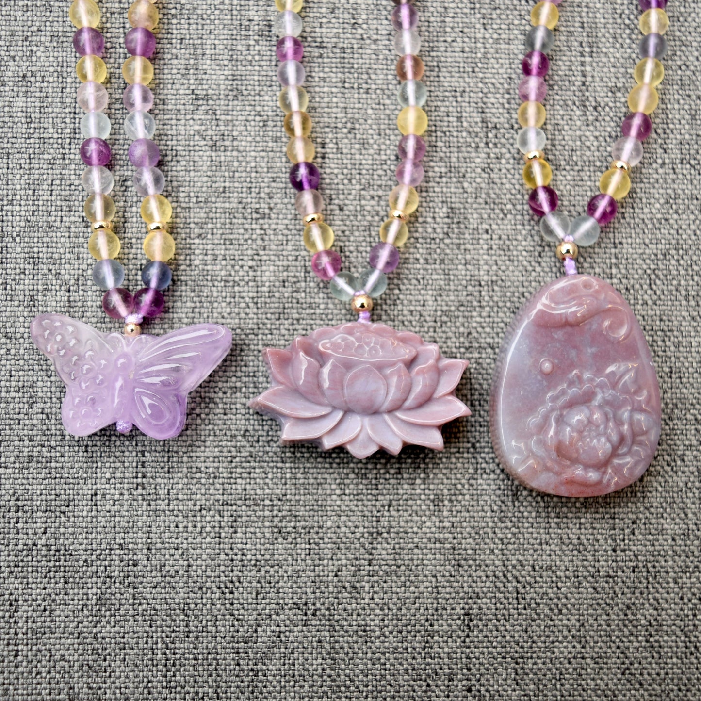 Purple Butterfly Lotus Peony Pendant Necklace - Fluorite Beaded Necklace