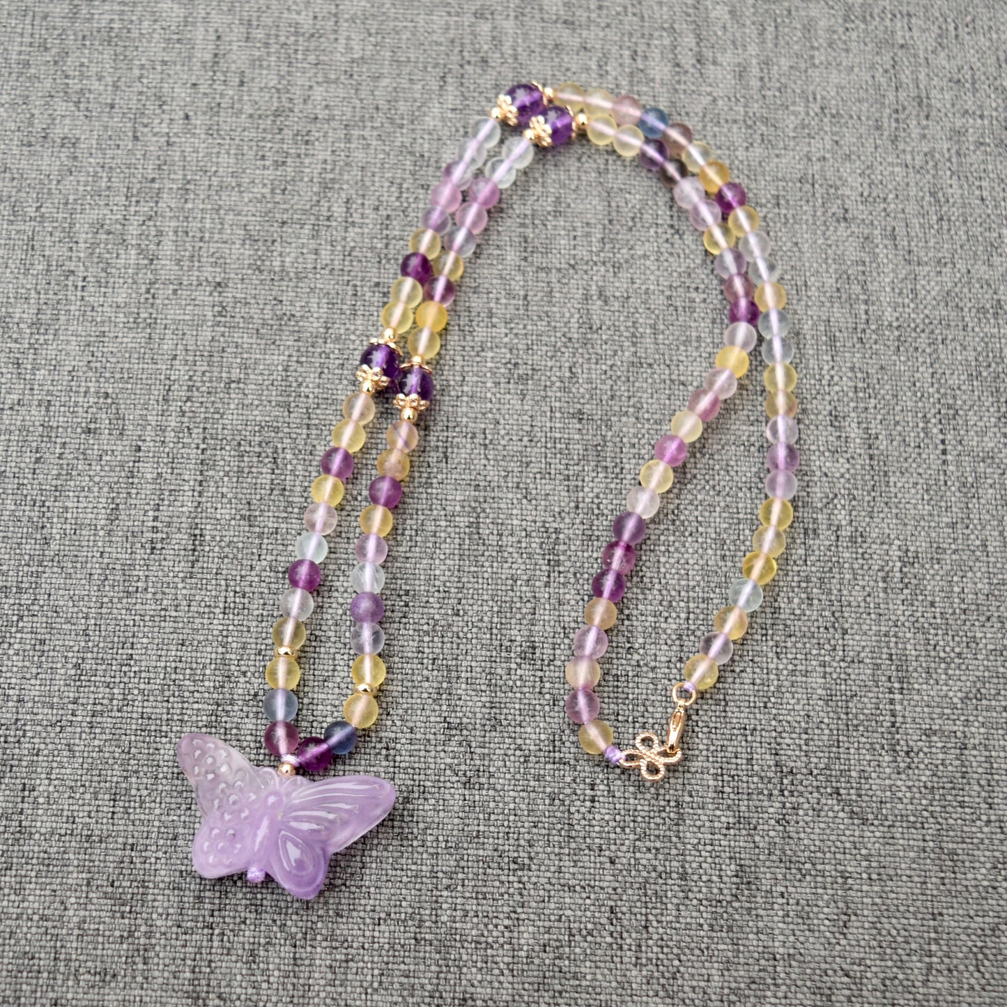 Purple Butterfly Lotus Peony Pendant Necklace - Fluorite Beaded Necklace