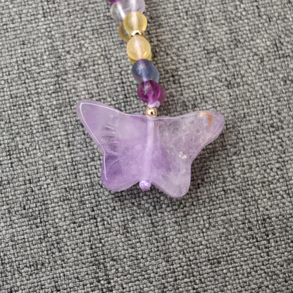 Purple Butterfly Lotus Peony Pendant Necklace - Fluorite Beaded Necklace