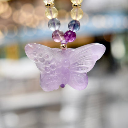 Purple Butterfly Lotus Peony Pendant Necklace - Fluorite Beaded Necklace