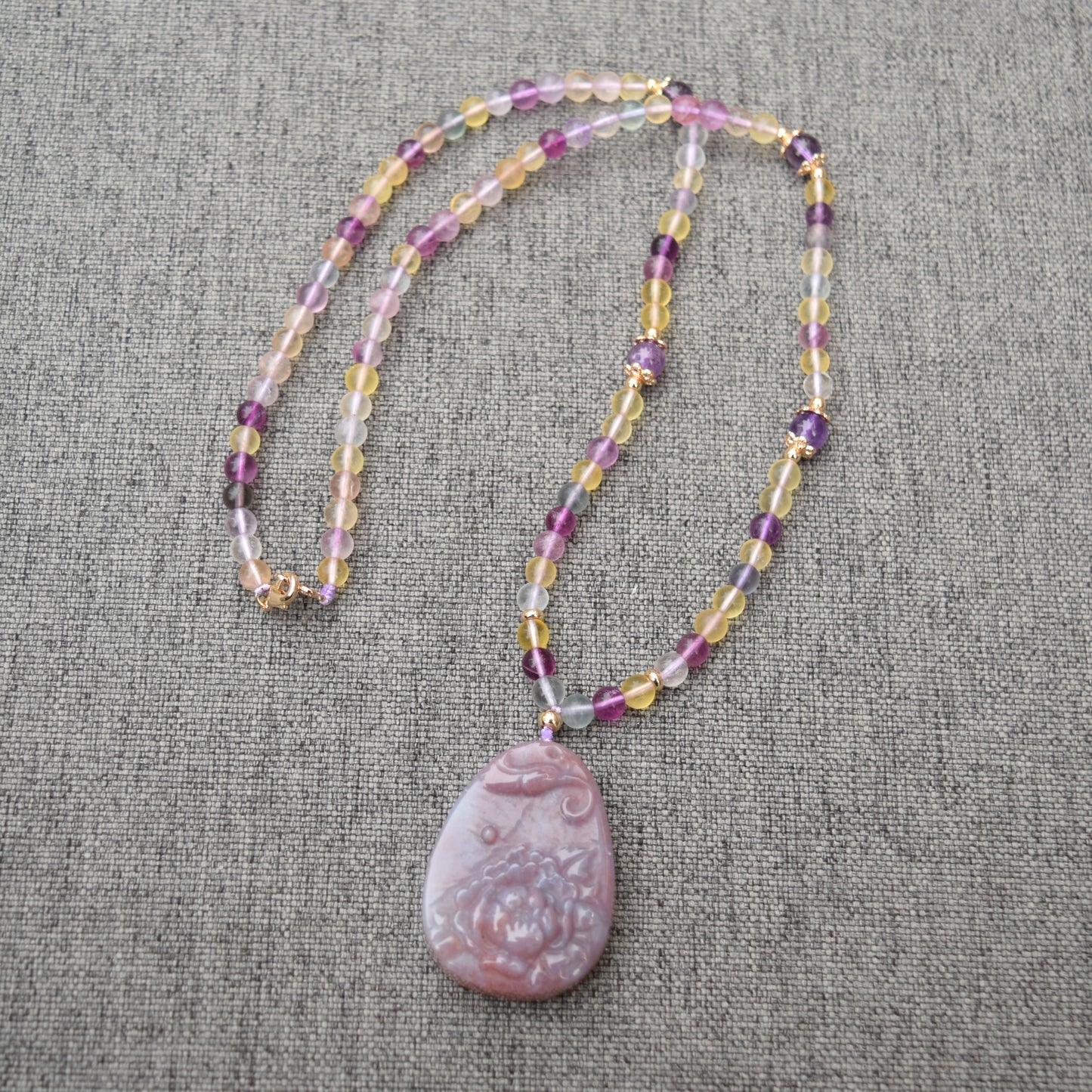 Purple Butterfly Lotus Peony Pendant Necklace - Fluorite Beaded Necklace