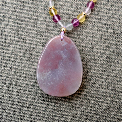 Purple Butterfly Lotus Peony Pendant Necklace - Fluorite Beaded Necklace