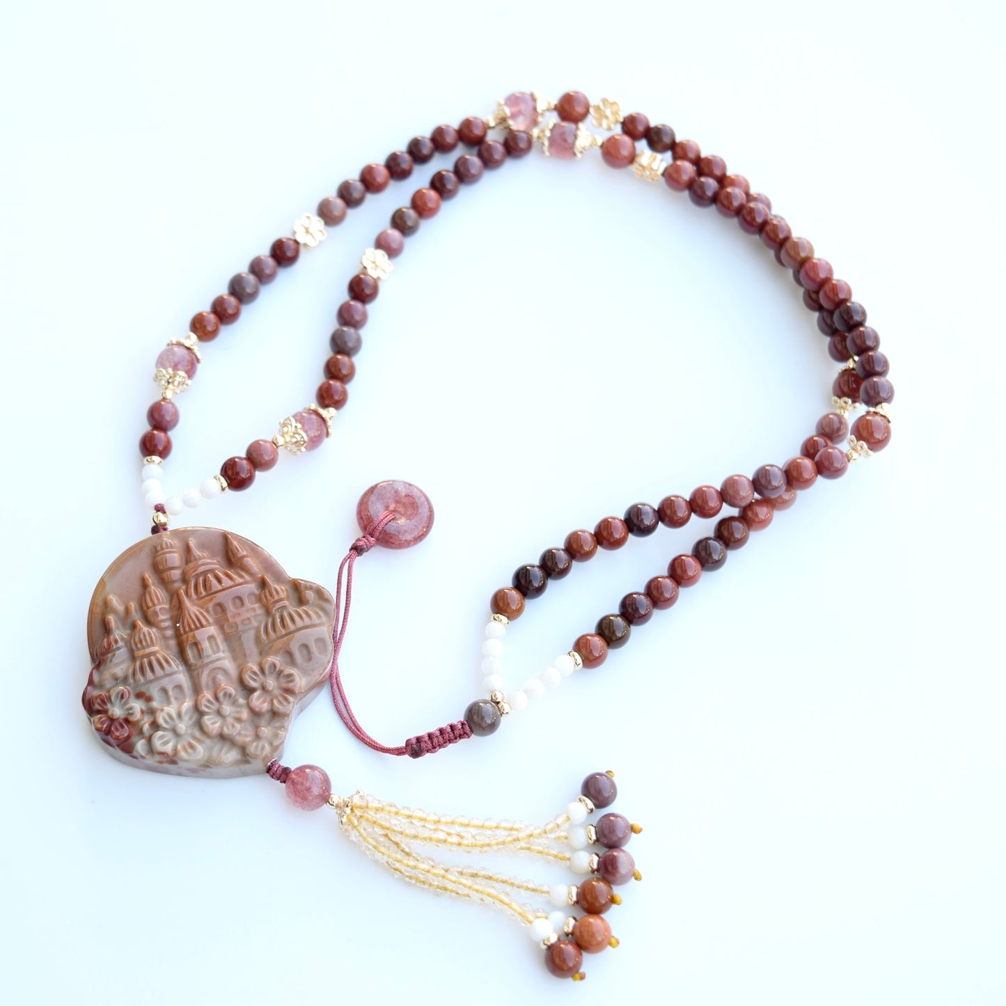 Brown Red Castle Pendant Beaded Necklace - Colorful Jasper Agate