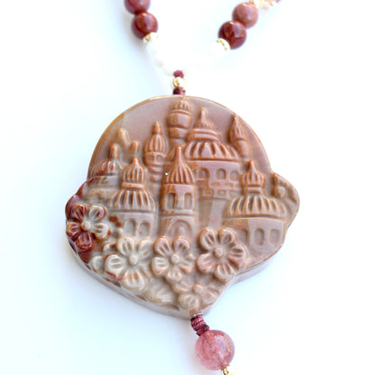 Brown Red Castle Pendant Beaded Necklace - Colorful Jasper Agate