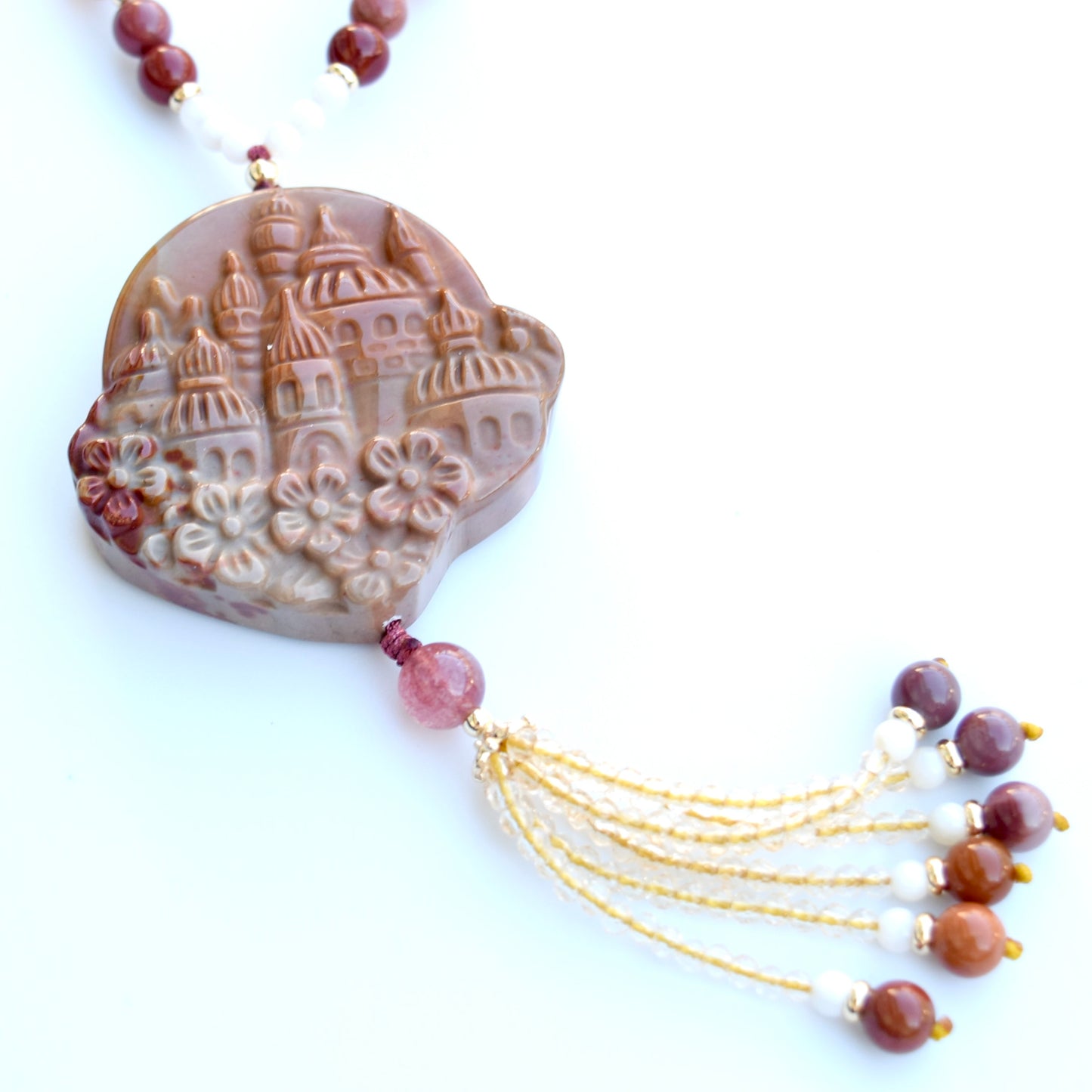 Brown Red Castle Pendant Beaded Necklace - Colorful Jasper Agate