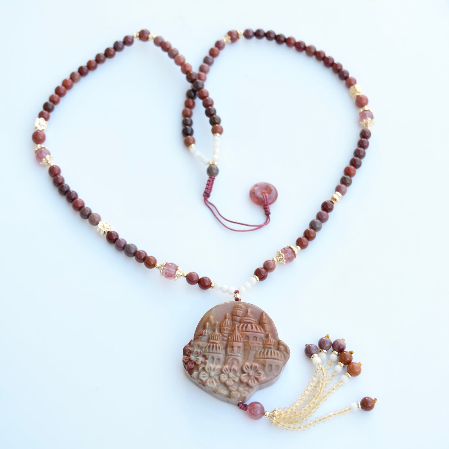 Brown Red Castle Pendant Beaded Necklace - Colorful Jasper Agate