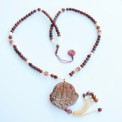Brown Red Castle Pendant Beaded Necklace - Colorful Jasper Agate