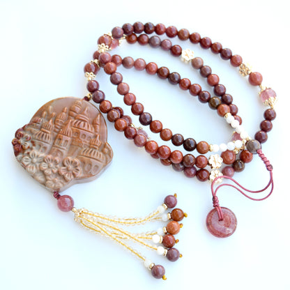 Brown Red Castle Pendant Beaded Necklace - Colorful Jasper Agate