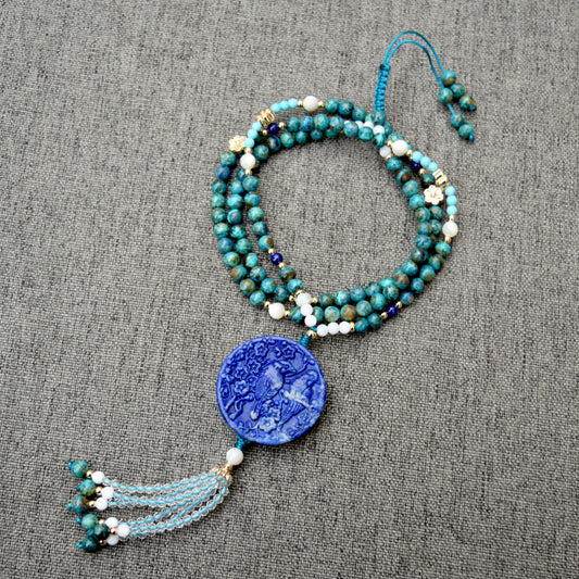 Lapis Magpies Plum Blossom Necklace - African Turquoise