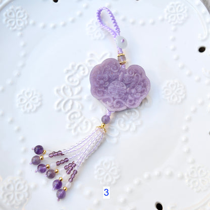 Purple Ruyi Flora Lock Tassel Keychain Bag Charm - Lepidolite