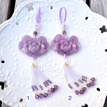 Purple Lotus Lock Tassel Keychain Bag Charm - Lepidolite