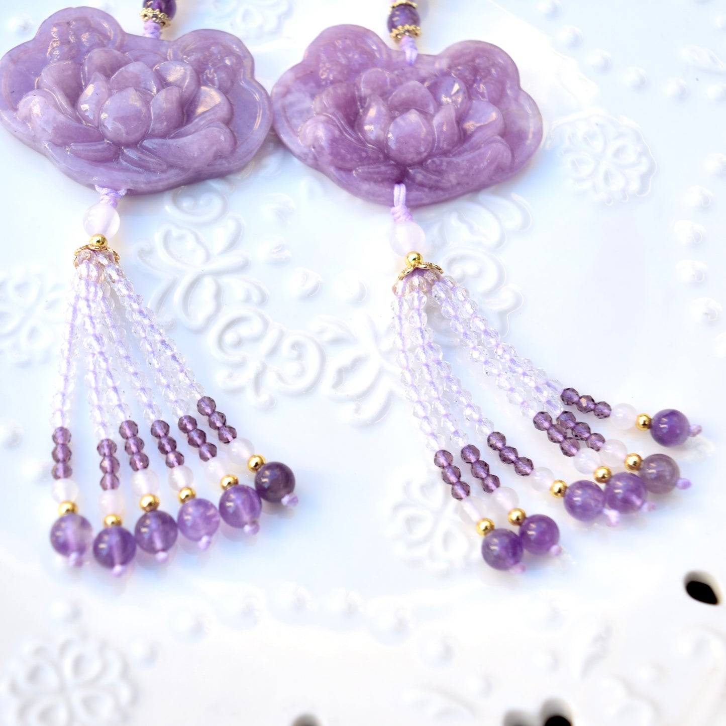 Purple Lotus Lock Tassel Keychain Bag Charm - Lepidolite