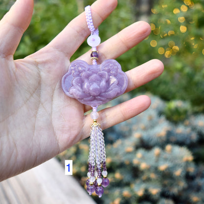 Purple Lotus Lock Tassel Keychain Bag Charm - Lepidolite
