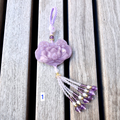 Purple Lotus Lock Tassel Keychain Bag Charm - Lepidolite