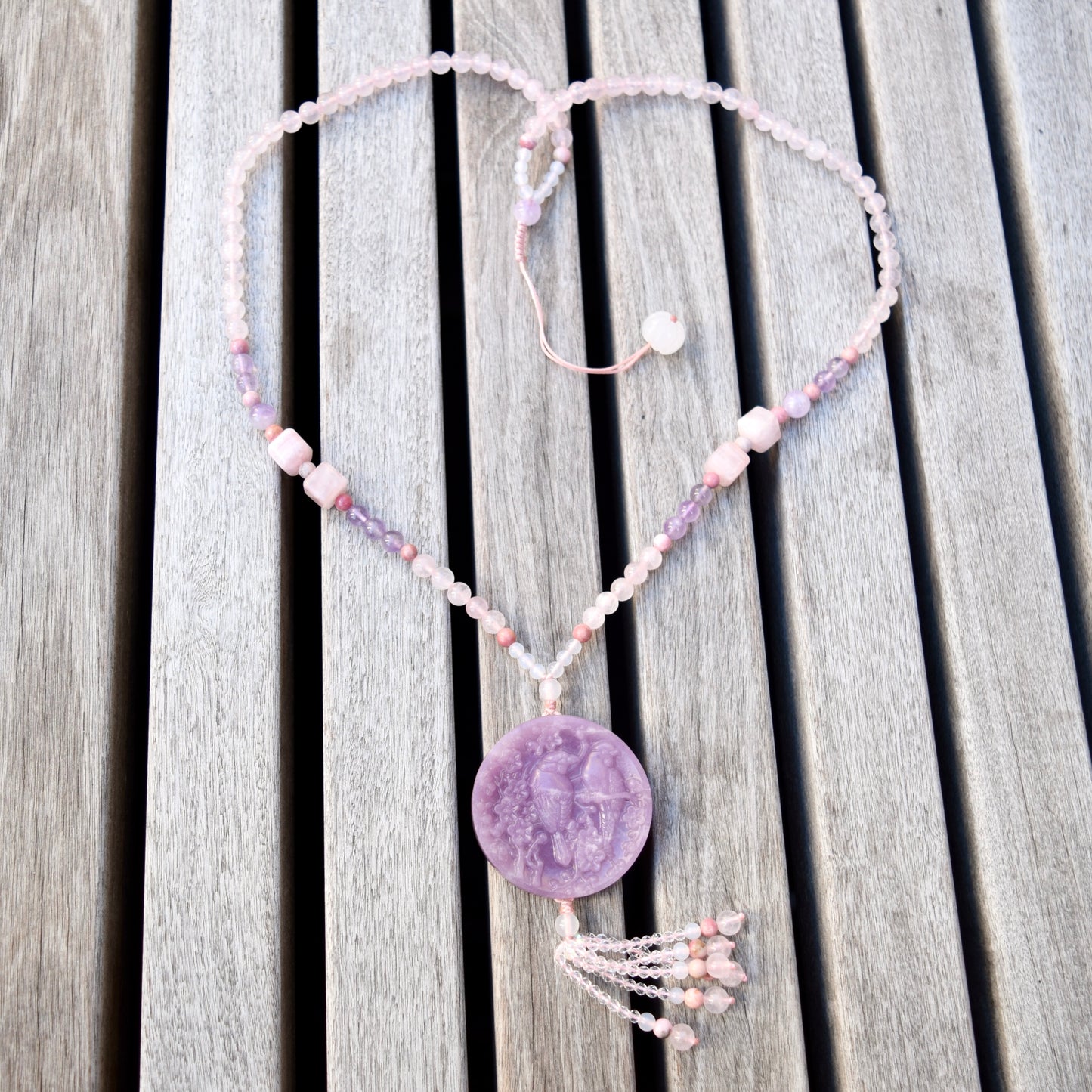 Lepidolite Flower Bird Pendant - Purple Jade Stone - Natural Quartz Long Necklace