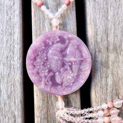 Lepidolite Flower Bird Pendant - Purple Jade Stone - Natural Quartz Long Necklace