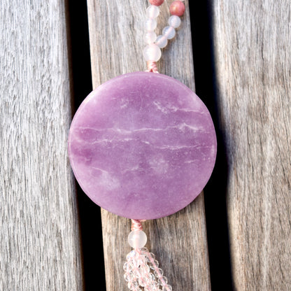 Lepidolite Flower Bird Pendant - Purple Jade Stone - Natural Quartz Long Necklace