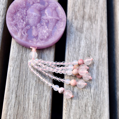 Lepidolite Flower Bird Pendant - Purple Jade Stone - Natural Quartz Long Necklace