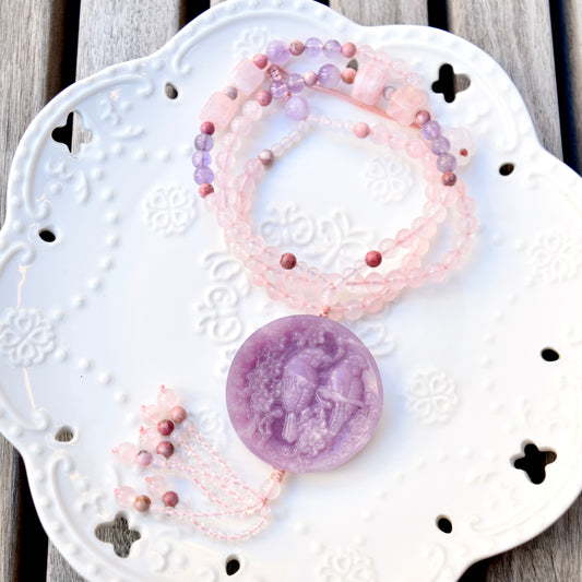 Lepidolite Flower Bird Pendant - Purple Jade Stone - Natural Quartz Long Necklace