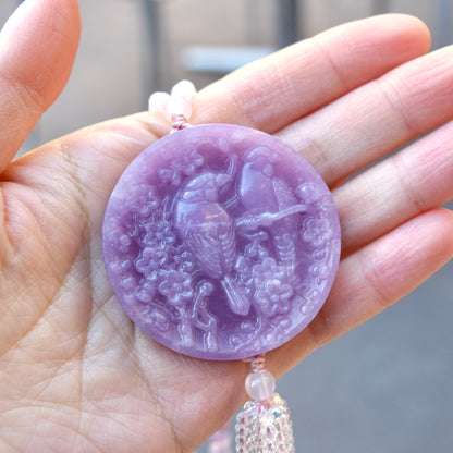 Lepidolite Flower Bird Pendant - Purple Jade Stone - Natural Quartz Long Necklace