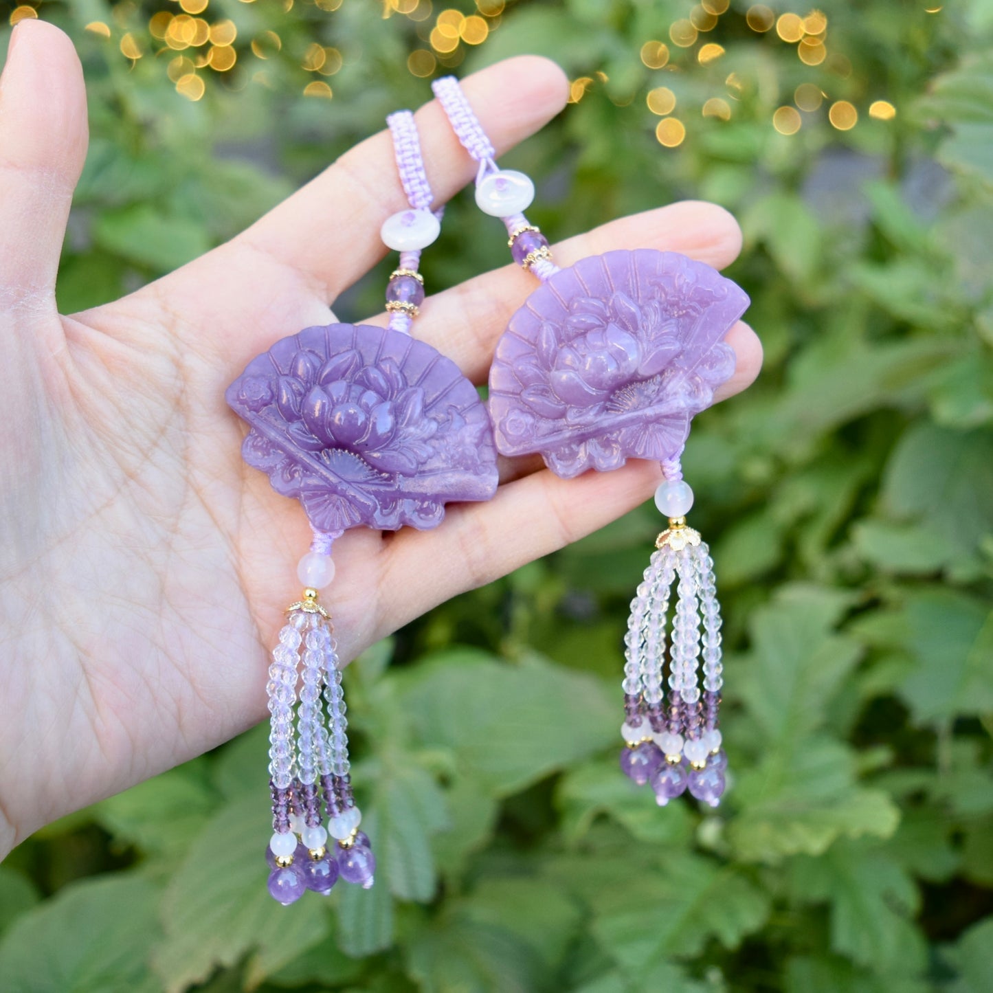Purple Peony Fan Tassel Keychain Bag Charm - Lepidolite
