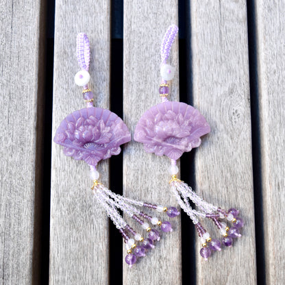 Purple Peony Fan Tassel Keychain Bag Charm - Lepidolite