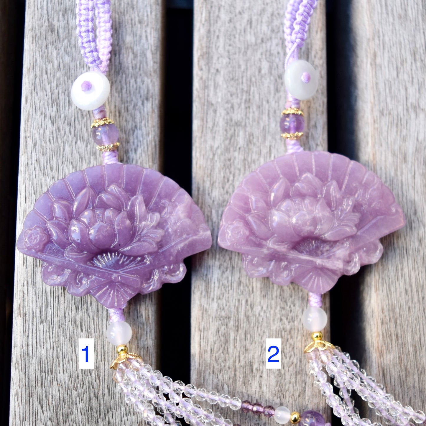 Purple Peony Fan Tassel Keychain Bag Charm - Lepidolite