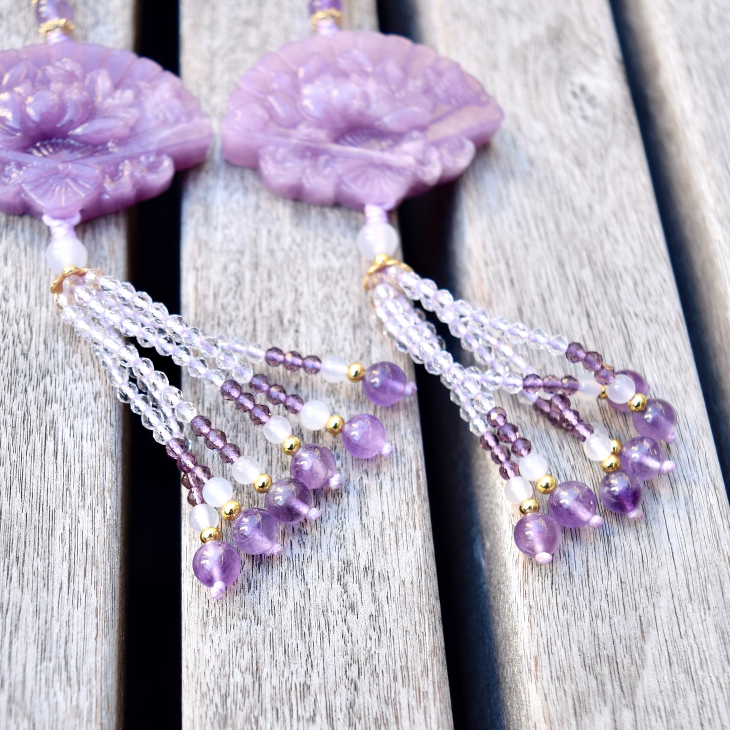Purple Peony Fan Tassel Keychain Bag Charm - Lepidolite