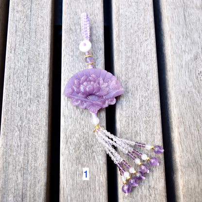 Purple Peony Fan Tassel Keychain Bag Charm - Lepidolite