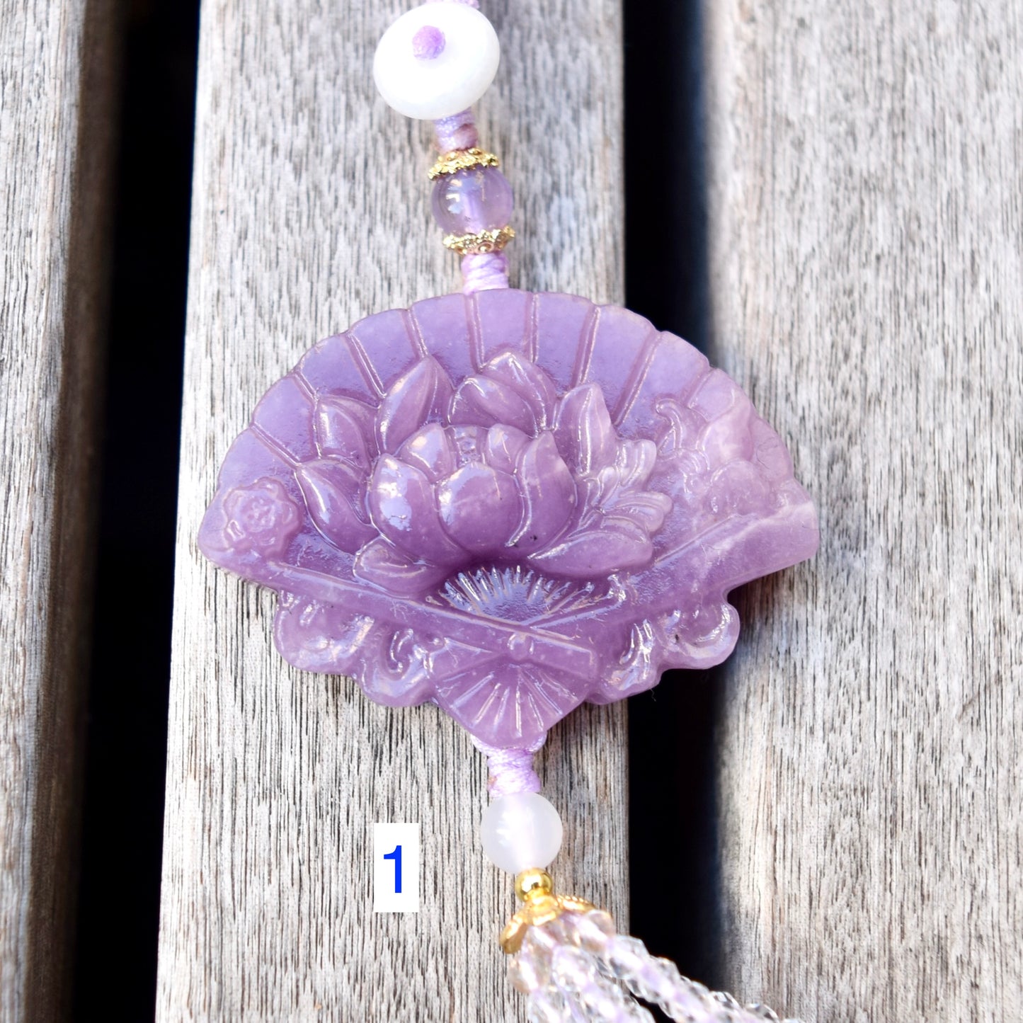 Purple Peony Fan Tassel Keychain Bag Charm - Lepidolite