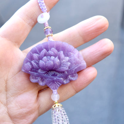 Purple Peony Fan Tassel Keychain Bag Charm - Lepidolite