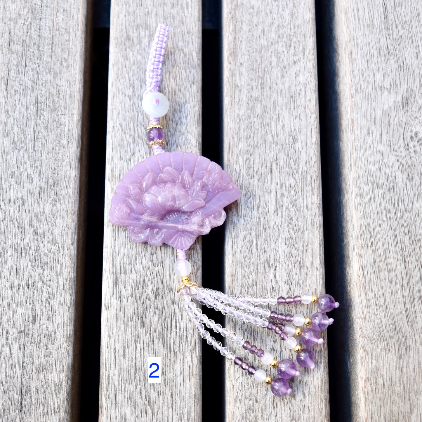 Purple Peony Fan Tassel Keychain Bag Charm - Lepidolite