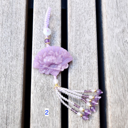 Purple Peony Fan Tassel Keychain Bag Charm - Lepidolite