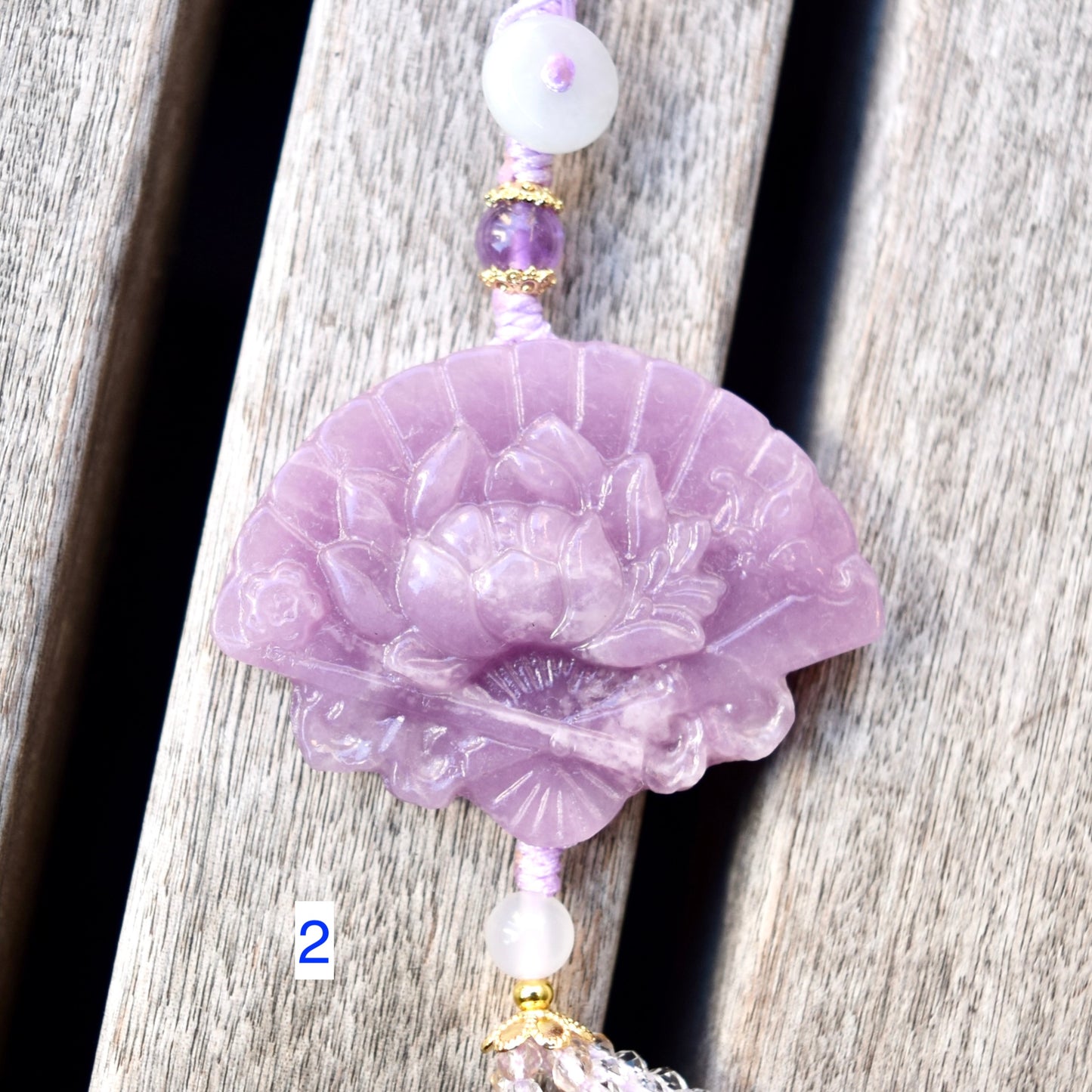 Purple Peony Fan Tassel Keychain Bag Charm - Lepidolite
