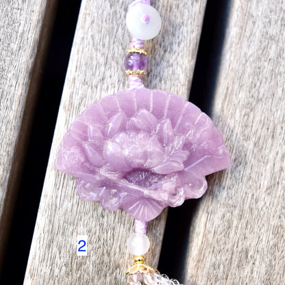 Purple Peony Fan Tassel Keychain Bag Charm - Lepidolite
