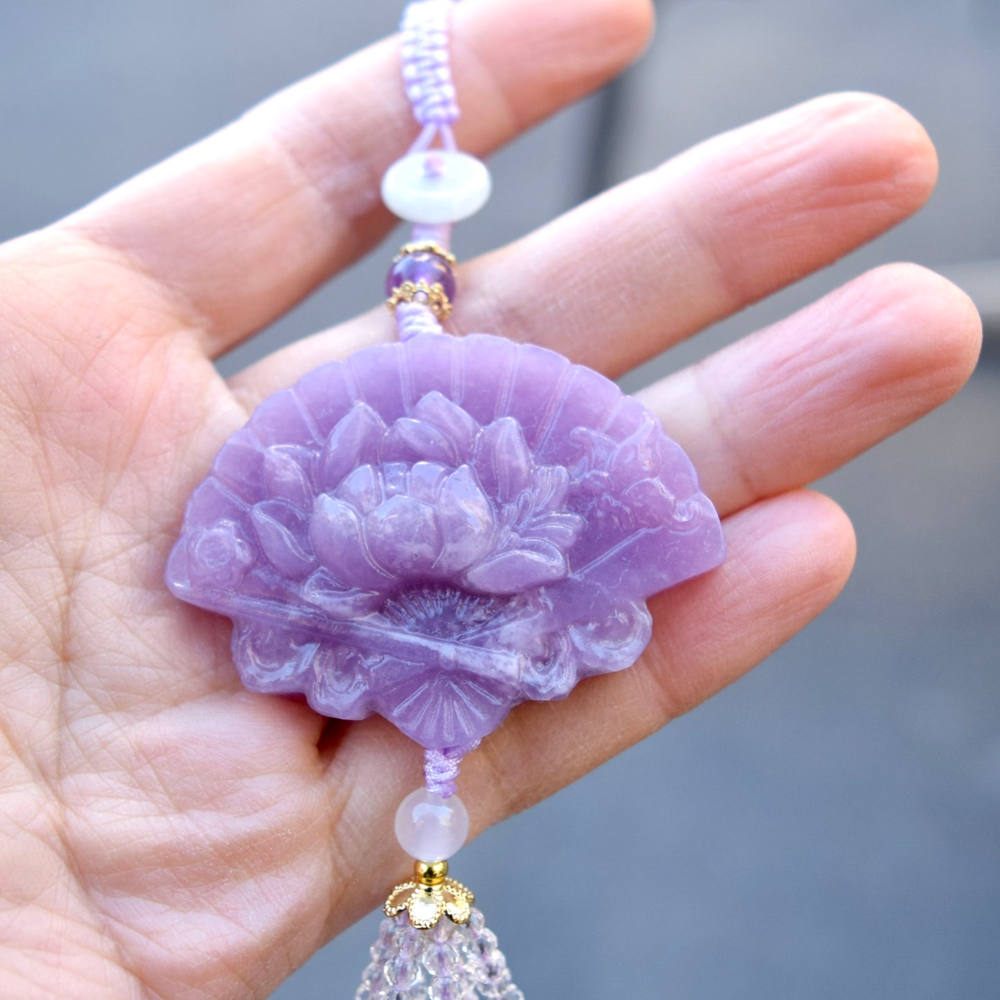 Purple Peony Fan Tassel Keychain Bag Charm - Lepidolite