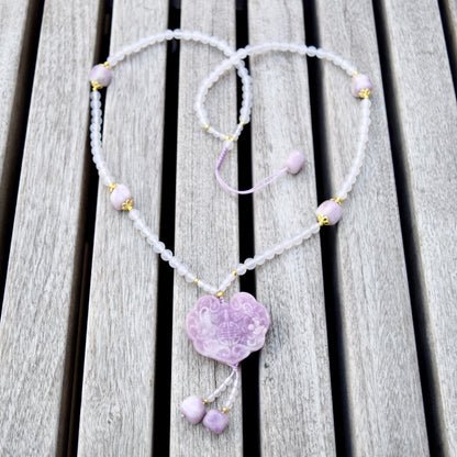 Lepidolite Ruyi Lock Pendant - Purple Jade Stone - Natural Quartz Long Necklace