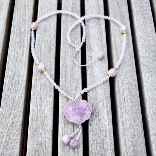 Lepidolite Ruyi Lock Pendant - Purple Jade Stone - Natural Quartz Long Necklace