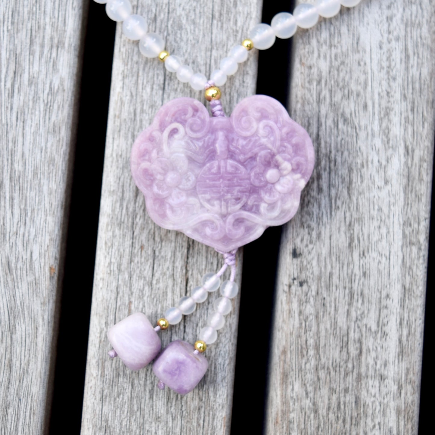 Lepidolite Ruyi Lock Pendant - Purple Jade Stone - Natural Quartz Long Necklace