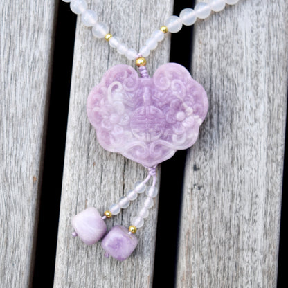 Lepidolite Ruyi Lock Pendant - Purple Jade Stone - Natural Quartz Long Necklace