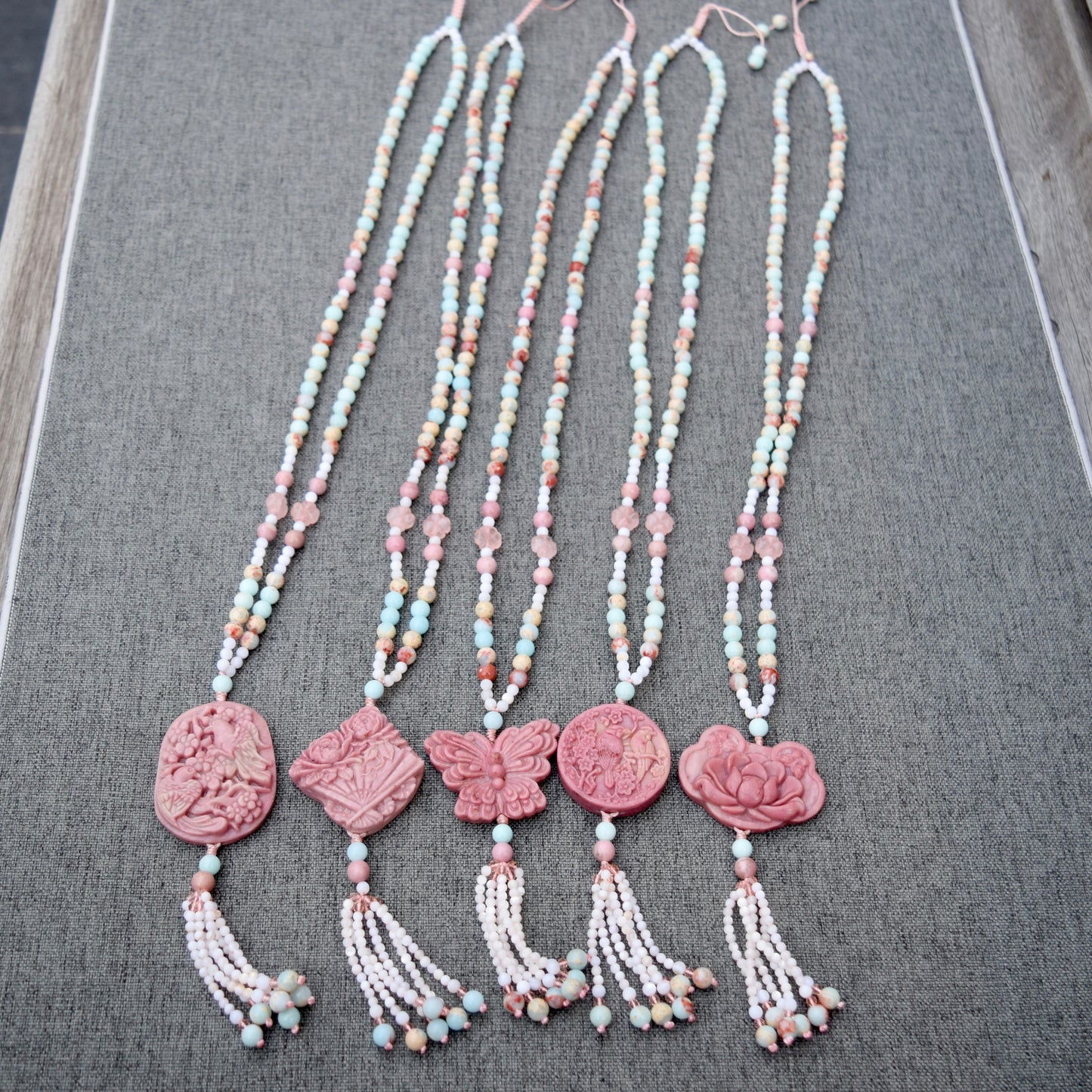 Pink Flower Pendant Necklace - Pink Marble Stone & Shoushan Style